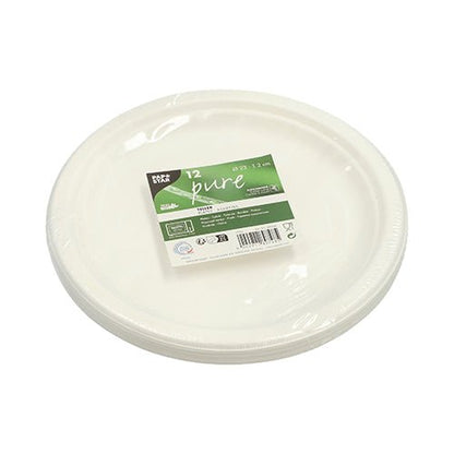 Uma pilha PAPSTAR de 12 pratos de cana-de-açúcar "pure" não divididos, compostáveis e ecológicos, da PAPSTAR GmbH, em embalagem plástica com rótulo verde e branco.