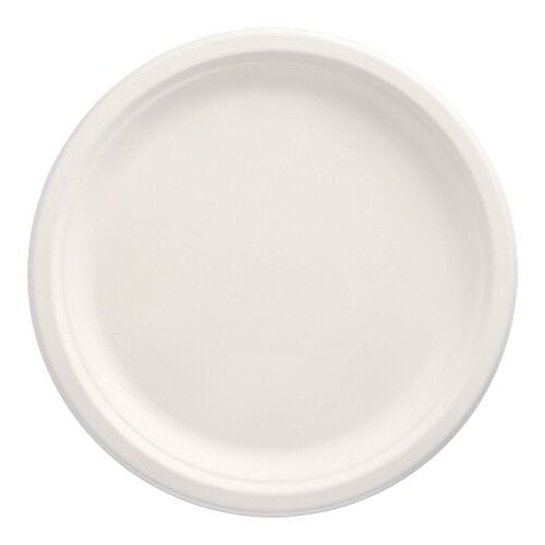O PAPSTAR conjunto de 12 pratos de cana-de-açúcar "pure" (não divididos) da PAPSTAR GmbH é redondo, branco, com borda elevada, compostável e ecológico – fotografado de cima em fundo branco.