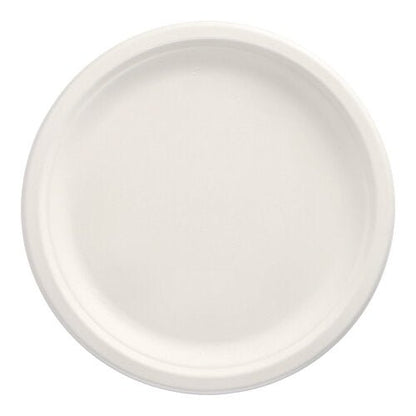 O PAPSTAR conjunto de 12 pratos de cana-de-açúcar "pure" (não divididos) da PAPSTAR GmbH é redondo, branco, com borda elevada, compostável e ecológico – fotografado de cima em fundo branco.
