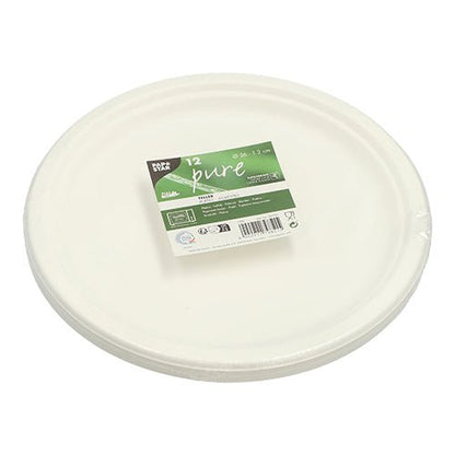 Uma pilha de 12 pratos redondos e brancos PAPSTAR "pure" de cana-de-açúcar, não divididos, compostáveis e ecológicos, da PAPSTAR GmbH, embalados em plástico com rótulo verde e branco com detalhes do produto.