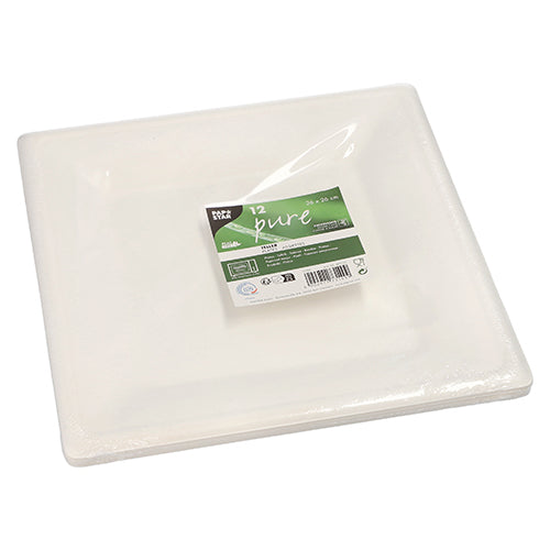 Um pacote com 12 pratos descartáveis quadrados brancos "pure" de PAPSTAR feito de cana-de-açúcar ecológica está envolto em plástico transparente e possui uma etiqueta verde e branca da PAPSTAR GmbH com detalhes do produto.