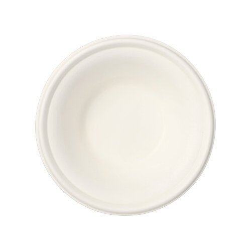 Uma tigela redonda e simples da coleção "puro" (12 tigelas) da PAPSTAR GmbH, feita de bagaço de cana ecológico, vista de cima sobre um fundo branco.