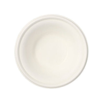 Uma tigela redonda e simples da coleção "puro" (12 tigelas) da PAPSTAR GmbH, feita de bagaço de cana ecológico, vista de cima sobre um fundo branco.