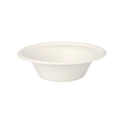 As PAPSTAR 12 tigelas "puro" da PAPSTAR GmbH são tigelas descartáveis brancas simples feitas de bagaço de cana biodegradável, retratadas sobre um fundo branco.