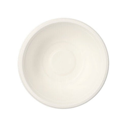 Uma tigela simples, redonda e branca "PAPSTAR 12 tigelas, bagaço de cana 'puro'" da PAPSTAR GmbH é vista de cima sobre um fundo branco e lembra louça descartável ecológica.