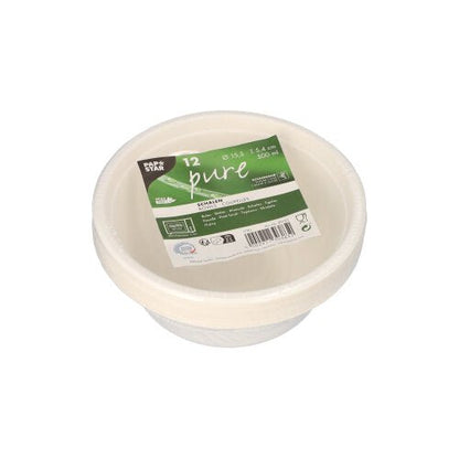 Uma pilha de 12 PAPSTAR tigelas, bagaço de cana "puro" da PAPSTAR GmbH em uma embalagem com rótulo verde. Cada tigela descartável ecológica tem capacidade para 500 ml e é feita de material biodegradável.