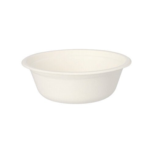 Uma simples tigela descartável redonda e branca da PAPSTAR GmbH, feita de tigelas de bagaço de cana biodegradáveis ("puro") e vendida em embalagens de 12 PAPSTAR 12 tigelas, fotografada sobre um fundo branco.
