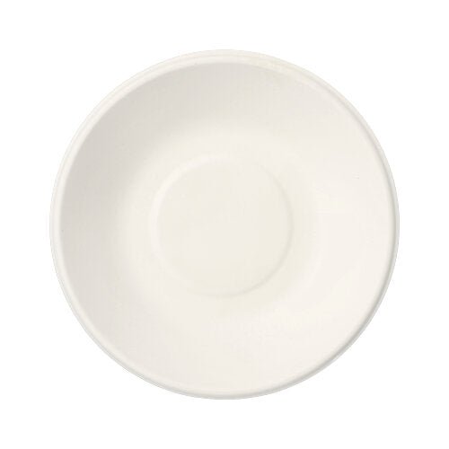 Uma simples PAPSTAR 12 tigelas, bagaço de cana "puro" da PAPSTAR GmbH, vista de cima com forma redonda simples e reentrância central - uma alternativa elegante e ecológica ao louça descartável.