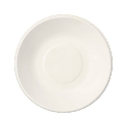 Uma simples PAPSTAR 12 tigelas, bagaço de cana "puro" da PAPSTAR GmbH, vista de cima com forma redonda simples e reentrância central - uma alternativa elegante e ecológica ao louça descartável.