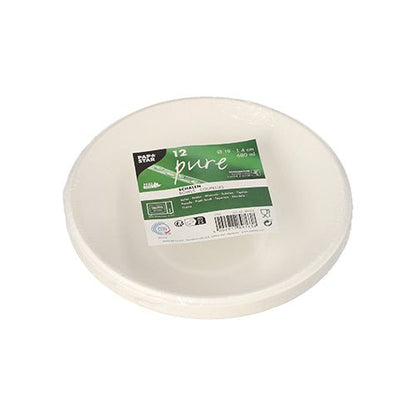 Uma pilha de doze PAPSTAR 12 tigelas, bagaço de cana "puro" da PAPSTAR GmbH, pratos descartáveis brancos, redondos e ecológicos, embrulhados em plástico com um rótulo verde e branco com detalhes do produto, bem como símbolos de reciclagem e compostabilidade (biodegradável).