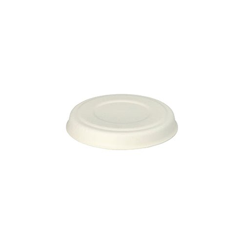 Uma tampa descartável simples, redonda e branca feita de cana-de-açúcar ecológica da PAPSTAR GmbH, vista de cima. Produto: PAPSTAR 50 tampas para tigelas de molho cana-de-açúcar "pure" branco.