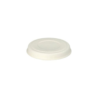 Uma tampa descartável simples, redonda e branca feita de cana-de-açúcar ecológica da PAPSTAR GmbH, vista de cima. Produto: PAPSTAR 50 tampas para tigelas de molho cana-de-açúcar "pure" branco.