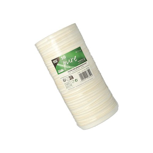 Uma pilha de 50 tampas "pure" brancas para tigelas de molho feitas de cana-de-açúcar da PAPSTAR GmbH, embaladas em plástico com um rótulo verde e branco com informações do produto e símbolos de reciclagem.