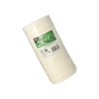 Uma pilha de 50 tampas "pure" brancas para tigelas de molho feitas de cana-de-açúcar da PAPSTAR GmbH, embaladas em plástico com um rótulo verde e branco com informações do produto e símbolos de reciclagem.