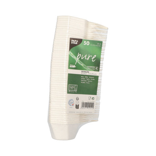 Um pacote com 50 tigelas hexagonais "puro" de cana-de-açúcar de finger food brancas da PAPSTAR GmbH - pratos descartáveis ecológicos, perfeitos para encontros sustentáveis.