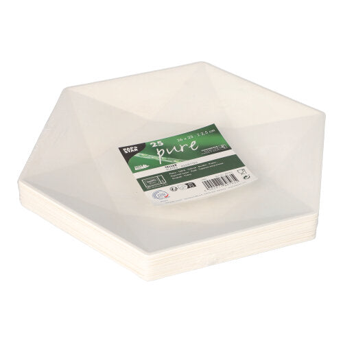 Uma pilha de pratos hexagonais brancos PAPSTAR de cana-de-açúcar "puro" hexagonais (25 unidades, ecológicos) da PAPSTAR GmbH, com uma etiqueta verde e branca com informações do produto e código de barras no topo.