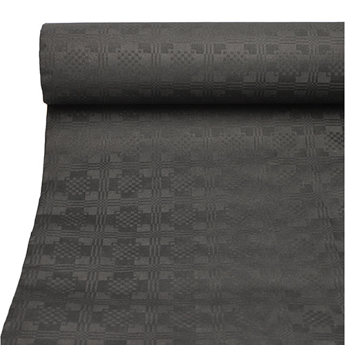 Um close-up de uma toalha de papel PAPSTAR desenrolada com relevo adamascado (50 m x 1 m) da PAPSTAR GmbH mostra sua superfície cinza escura com um padrão discreto de relevo xadrez repetido.