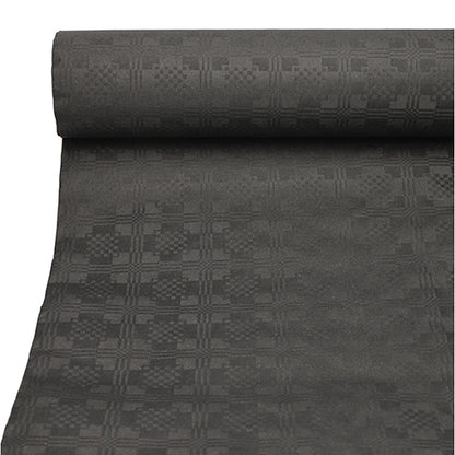 Um close-up de uma toalha de papel PAPSTAR desenrolada com relevo adamascado (50 m x 1 m) da PAPSTAR GmbH mostra sua superfície cinza escura com um padrão discreto de relevo xadrez repetido.