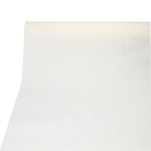 Um rolo de toalha de mesa PAPSTAR, semelhante a tecido, PV-Tissue Mix "ROYAL Collection" (20 m x 1,18 m) da PAPSTAR GmbH está desenrolado suavemente sobre uma superfície branca e tem um fundo branco sólido na parte inferior.