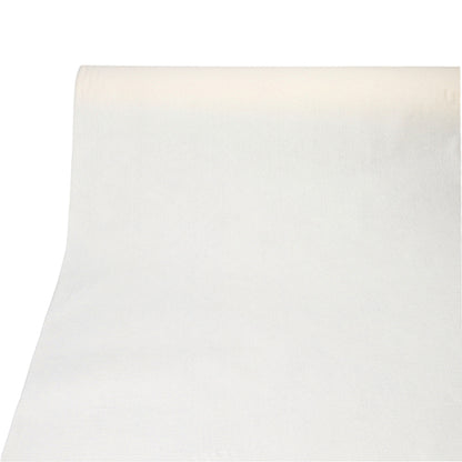 Um rolo de toalha de mesa PAPSTAR, semelhante a tecido, PV-Tissue Mix "ROYAL Collection" (20 m x 1,18 m) da PAPSTAR GmbH está desenrolado suavemente sobre uma superfície branca e tem um fundo branco sólido na parte inferior.