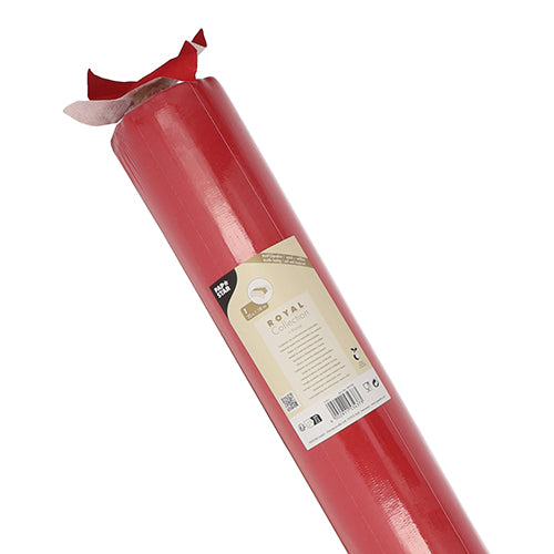 Um rolo de toalha de mesa "ROYAL Collection" da PAPSTAR GmbH, 20 m x 1,18 m, na cor vermelha com etiqueta bege e borda superior parcialmente enrolada, feito de mistura PV-Tissue de alta qualidade para um toque semelhante ao tecido.