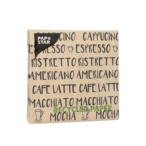 PAPSTAR 20 guardanapos, 25x25 cm, 3 camadas, com motivos de café como Cappuccino e Espresso em preto – ideal para decoração de mesa elegante. Marca: PAPSTAR GmbH.