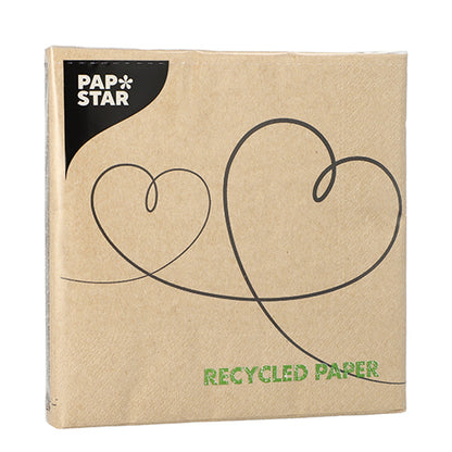 Em uma embalagem marrom com a inscrição "PAPSTAR" no canto com dois contornos de coração e "PAPEL RECICLADO" encontra-se PAPSTAR 20 guardanapos, 33x33 cm, 3 camadas, natural, da PAPSTAR GmbH.