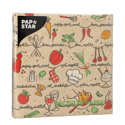 PAPSTAR GmbH 20 guardanapos, 33x33 cm, 3 camadas, dobrados em 1/4 natural: Guardanapos elegantes de papel reciclado com ilustrações de alimentos desenhadas à mão e "Enjoy your meal" em muitos idiomas sobre fundo marrom - perfeito para momentos de refeição natural.