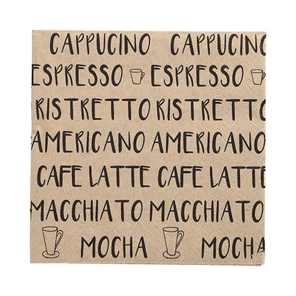 Os 20 guardanapos da PAPSTAR GmbH (33x33 cm, 3 camadas, dobrados em 1/4, natural) são decorados com letras pretas de café e motivos de xícaras - guardanapos elegantes para cafés e amantes de café.