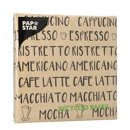 Um pacote em cor natural PAPSTAR GmbH 20 guardanapos (33cm x 33cm, 3 camadas, dobrados em 1/4) é decorado com nomes de bebidas de café, "PAPEL RECICLADO" em verde, pequenas ilustrações de xícaras de café e feito de papel natural.