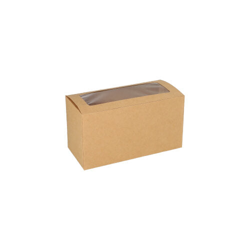 A caixa de cupcakes de 25 PAPSTAR, quadrada (10 cm) em cartão castanho com janela de visualização de PLA da PAPSTAR GmbH, é biodegradável e é mostrada sobre um fundo branco.