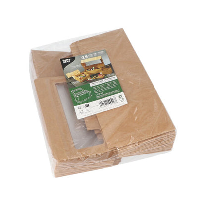 Um pacote embalado em plástico com 25 caixas de cupcakes quadradas de PAPSTAR 10 cm com janela de visualização de PLA da PAPSTAR GmbH, com uma etiqueta superior com as caixas montadas, detalhes do produto e símbolos de reciclagem.