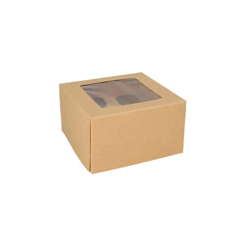 A caixa de cupcakes quadrada de 25 PAPSTAR 10 cm com janela de visualização de PLA da PAPSTAR GmbH é biodegradável e é apresentada sobre um fundo branco.