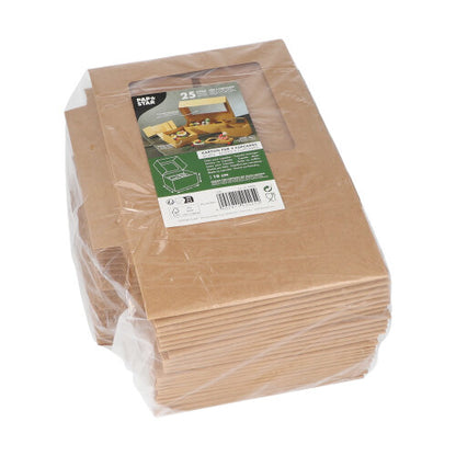 Uma pilha de caixas de cupcakes quadradas de 25 PAPSTAR 10 cm com janela de visualização de PLA, da PAPSTAR GmbH, biodegradável e embalada em filme plástico, com etiqueta na janela com informações do produto e imagem de aplicação.