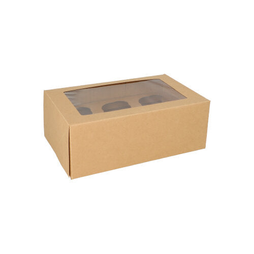 A caixa de cupcakes de 25 PAPSTAR (quadrada, 10 cm) da PAPSTAR GmbH é feita de cartão castanho, é biodegradável e possui uma janela de visualização de PLA clara na parte superior. A caixa está sobre um fundo branco.