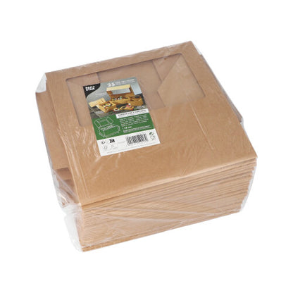 Uma pilha de caixas de cupcakes quadradas de 25 PAPSTAR 10 cm com janela de visualização de PLA, achatada e embalada em filme plástico. A etiqueta do produto da PAPSTAR GmbH com imagens e texto é visível no topo da caixa biodegradável.