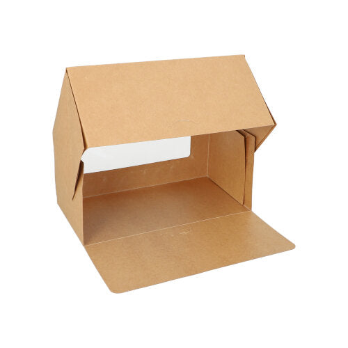 A PAPSTAR GmbH Tortenkarton: braun, eckig, mit Deckel und PLA-Sichtfenster, aus Karton. Packung enthält 25 Stück. Die Box ist auf weißem Hintergrund mit offenem Deckel abgebildet.