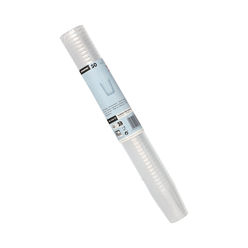 Uma pilha de 50 copos claros e inquebráveis Starpak reutilizáveis para aguardente de PP, embalados em forma de cilindro com rótulo azul e branco ao redor do meio.