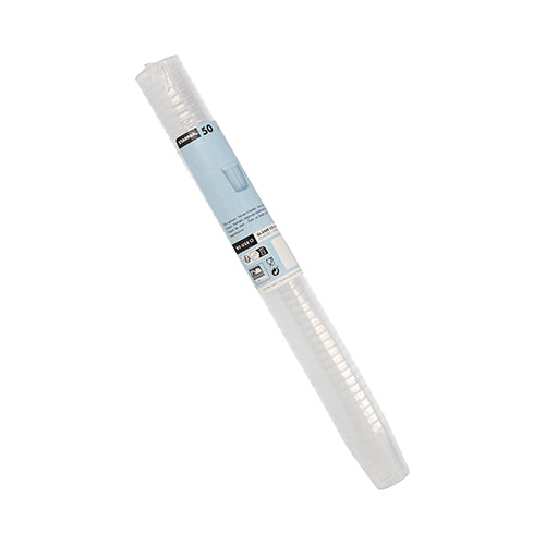 Um rolo com 50 copos reutilizáveis Starpak para aguardente de polipropileno (PP) inquebrável é fornecido em embalagem transparente com rótulo, nome da marca e uma pequena ilustração de um copo.