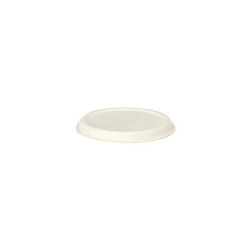 A PAPSTAR 50 tampas para tigelas de molho cana-de-açúcar "pure" branco da PAPSTAR GmbH é uma tampa descartável simples, redonda e branca feita de cana-de-açúcar ecológica e biodegradável, exibida contra um fundo branco.