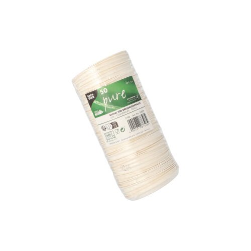Um pacote com 50 tampas "pure" brancas para tigelas de molho feitas de cana-de-açúcar sustentável. As tampas estão empilhadas e embaladas em filme transparente com rótulo verde e branco. Marca: PAPSTAR GmbH.