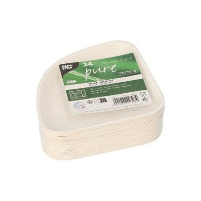 Um pacote com 24 pratos PAPSTAR brancos de cana-de-açúcar "Belle Vie", 13x13 cm, em filme retrátil. O rótulo mostra informações do produto e um design verde - perfeito para ocasiões ecológicas. Fabricado pela PAPSTAR GmbH a partir de materiais sustentáveis.