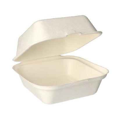 As PAPSTAR caixas de hambúrguer de bagaço de cana "puro" (8x14x15 cm, branco) da PAPSTAR GmbH são recipientes retangulares brancos para comida para viagem com tampa de dobradiça, feitos de bagaço de cana compostável, perfeitos para refeições ecológicas. Embalagem com 25 unidades.