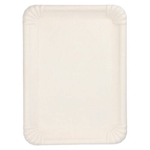 A PAPSTAR bandeja de servir de cana-de-açúcar "pure" retangular, 26x35 cm, branca (6 peças) da PAPSTAR GmbH é uma bandeja branca retangular, biodegradável, com bordas elevadas e nervuras nos cantos, fotografada vazia de cima.