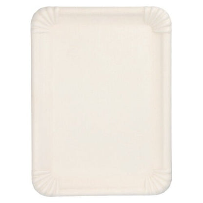 A PAPSTAR bandeja de servir de cana-de-açúcar "pure" retangular, 26x35 cm, branca (6 peças) da PAPSTAR GmbH é uma bandeja branca retangular, biodegradável, com bordas elevadas e nervuras nos cantos, fotografada vazia de cima.