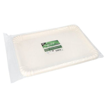 Um pacote com 6 bandejas de servir retangulares brancas de PAPSTAR cana-de-açúcar "pure" (26x35 cm) em película retrátil com um rótulo verde e branco; biodegradável e ecológico.