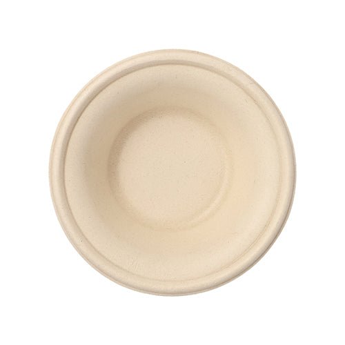 Uma simples tigela redonda PAPSTAR feita de cana-de-açúcar "pure", Ø 15,5 cm, natural, 380 ml da PAPSTAR GmbH vista de cima. A tigela biodegradável destaca-se pelo seu design liso e simples com bordas ligeiramente elevadas e sem decorações visíveis.