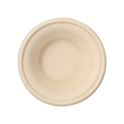 Uma simples tigela redonda PAPSTAR feita de cana-de-açúcar "pure", Ø 15,5 cm, natural, 380 ml da PAPSTAR GmbH vista de cima. A tigela biodegradável destaca-se pelo seu design liso e simples com bordas ligeiramente elevadas e sem decorações visíveis.