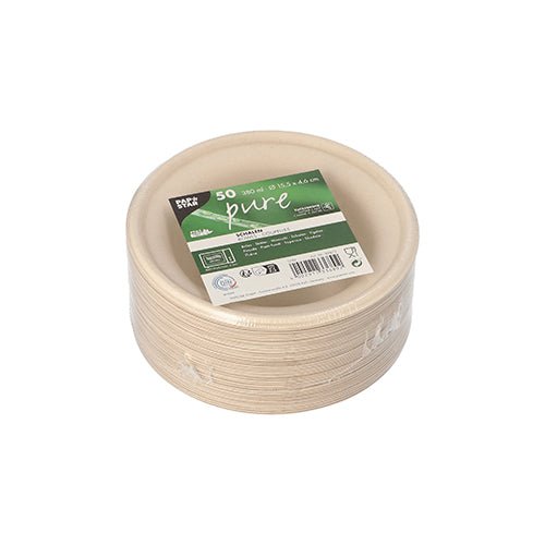 Uma pilha de tigelas redondas PAPSTAR feitas de cana-de-açúcar "pure", Ø 15,5 cm, natural, 380 ml (50 unidades) da PAPSTAR GmbH, biodegradáveis e embaladas em filme retrátil. O rótulo verde e branco superior mostra detalhes, logotipos e código de barras.