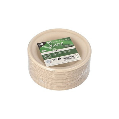 Uma pilha de tigelas redondas PAPSTAR feitas de cana-de-açúcar "pure", Ø 15,5 cm, natural, 380 ml (50 unidades) da PAPSTAR GmbH, biodegradáveis e embaladas em filme retrátil. O rótulo verde e branco superior mostra detalhes, logotipos e código de barras.